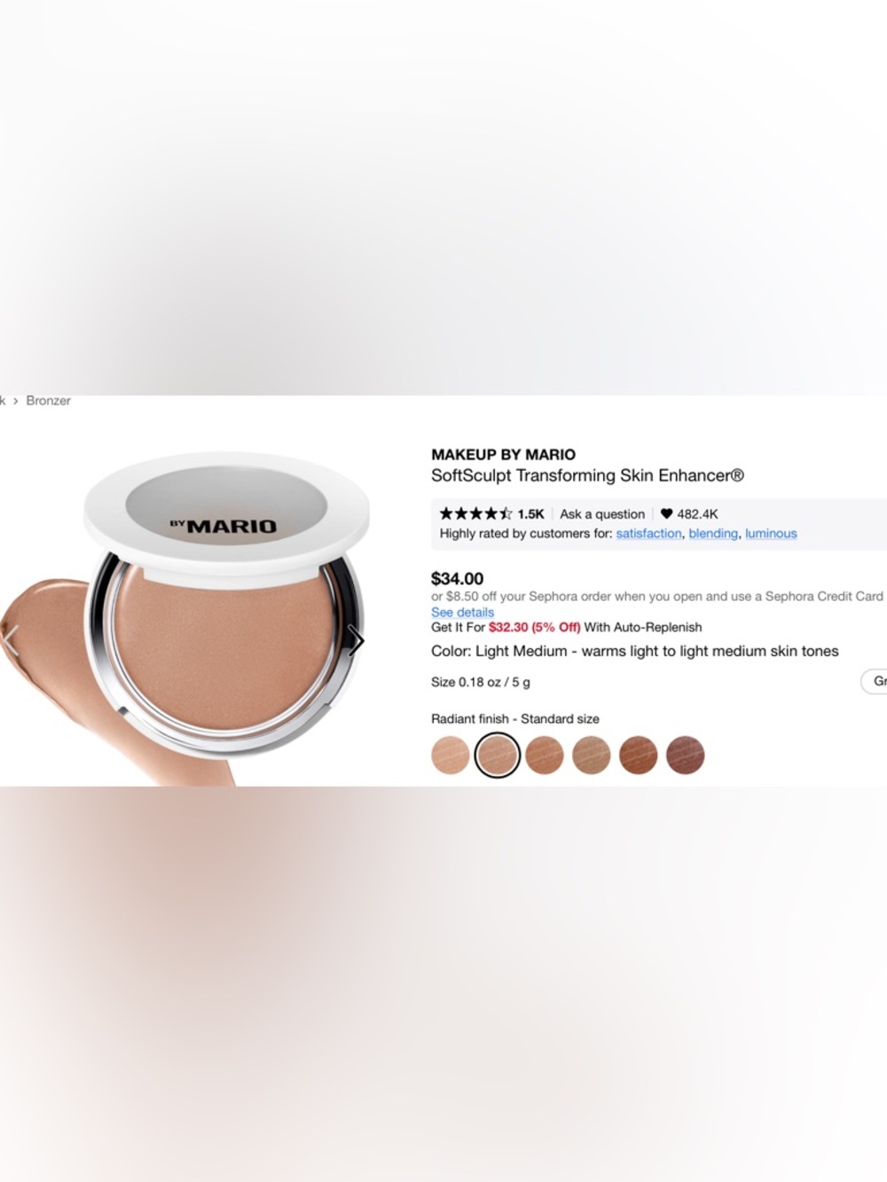 NIB MAKEUP BY MARIO SoftSculpt Transforming Cream Bronzer - Light Medium (Warm)